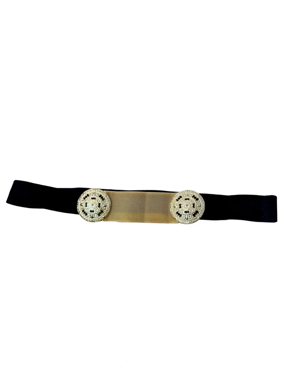 Vtg 90s Black Suede Ornate Gold Medallion Statement Waist Belt Sz S/M Leather